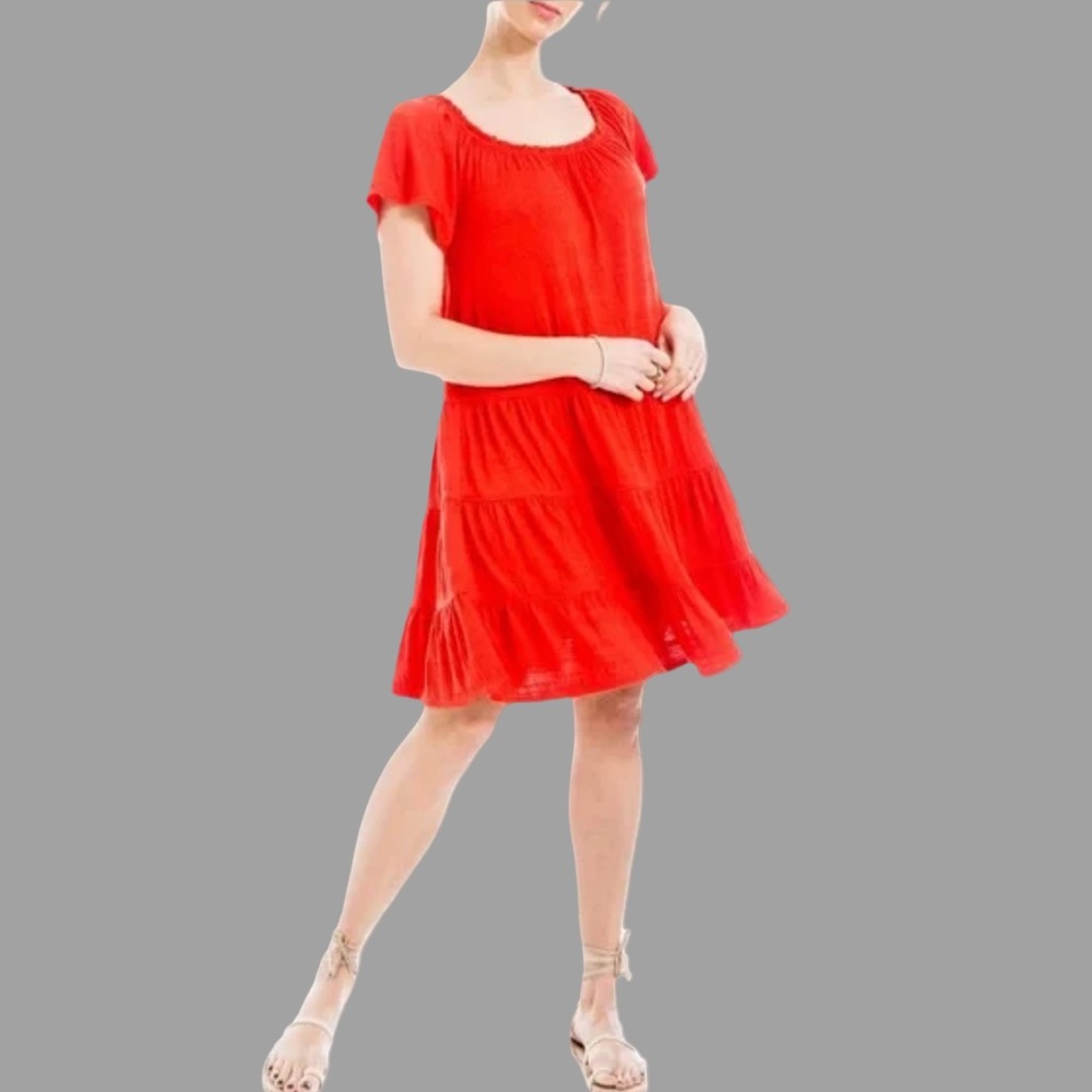 New Max Studio Red Ruched Ruffled Flutter Sleeve Sundress Size XL